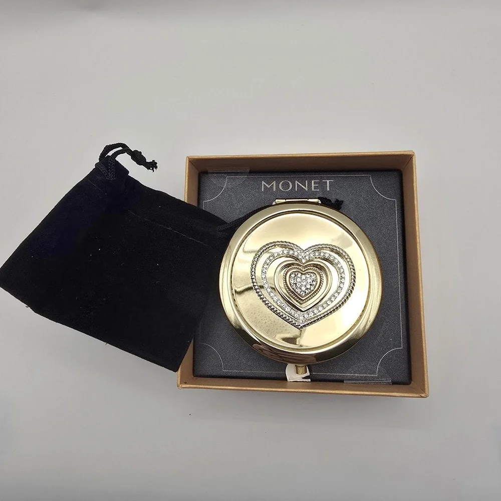 Monet Gold Tone Heart Rhinestone Compact Mirror w/ Box & Pouch Gift -3523